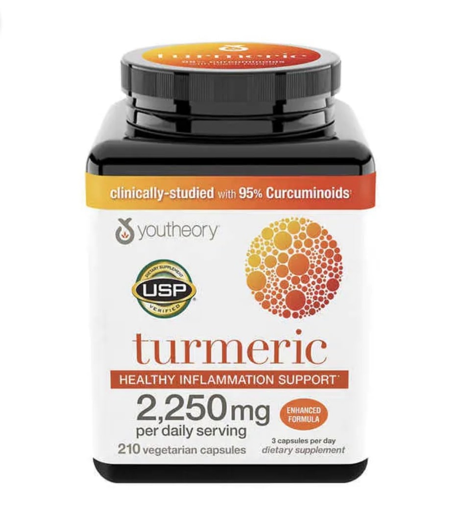 Youtheory Turmeric Curcumin Supplement met Black Pepper BioPerine, krachtige antioxidant eigenschappen voor gezamenlijke en gezonde ontsteking ondersteuning 2250 MG 210 Capsules