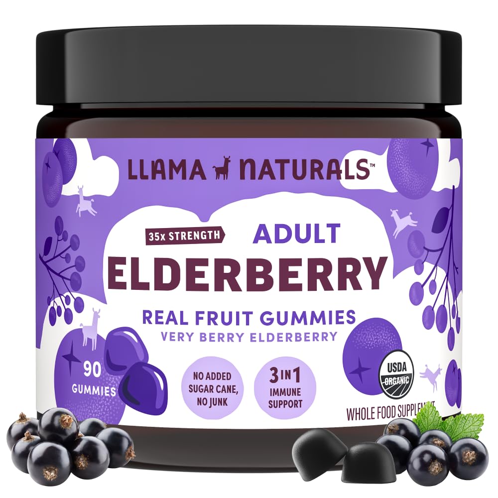 Lama Naturals Vlierbessen Gummies voor volwassenen, Veganist, Biologische Immune Ondersteuning Supplement met Vitamine C en Zink, Real Fruit Gummy Vitaminen voor Immuniteit, Kauwbaar, Geen Toegevoegd Suiker Cane, 90 Ct