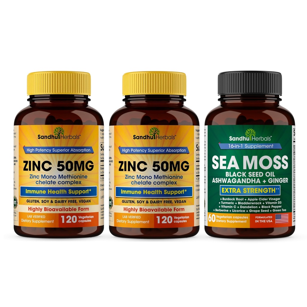 Sandhu Kruiden Zink 50mg & Sea Moss Black Seed Oil Ashwagandha Ginger Burdock Root Supplement for Men & Women Made in USA