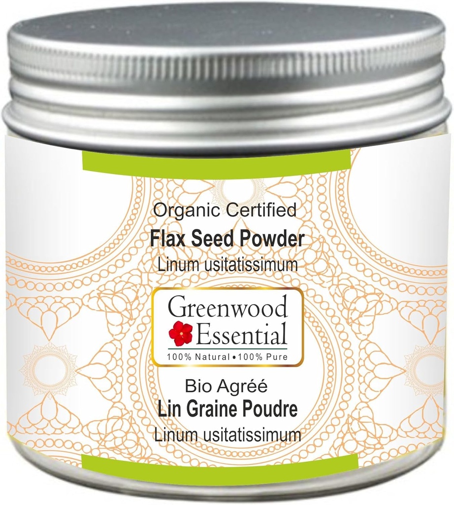Greenwood Essential Pure Flax Seed Powder (Linum usitatissimum) Organic Certified 100gm (3,5 oz)
