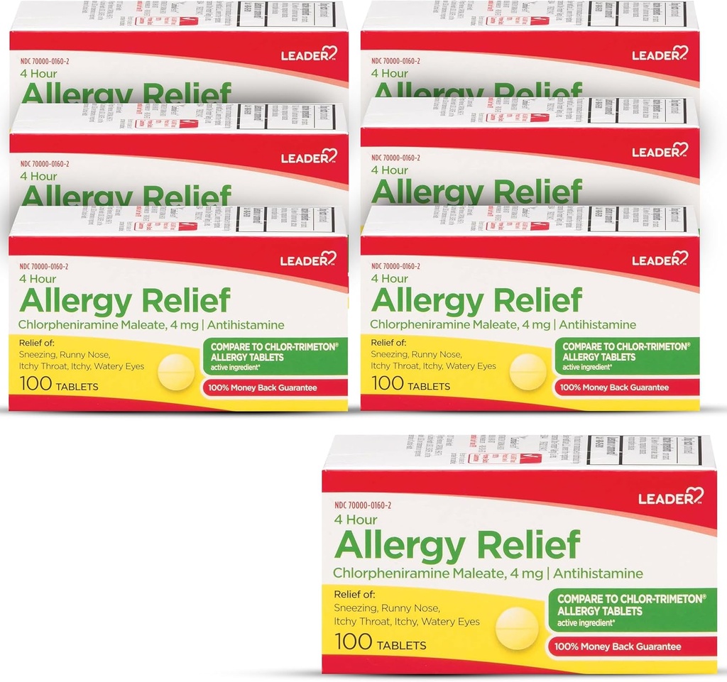 Leider 4 uur Allergie Relief, Chlorfeniramine Maleate Tablets, Antihistamine, 4 mg, 100 Telling (pakket van 6)