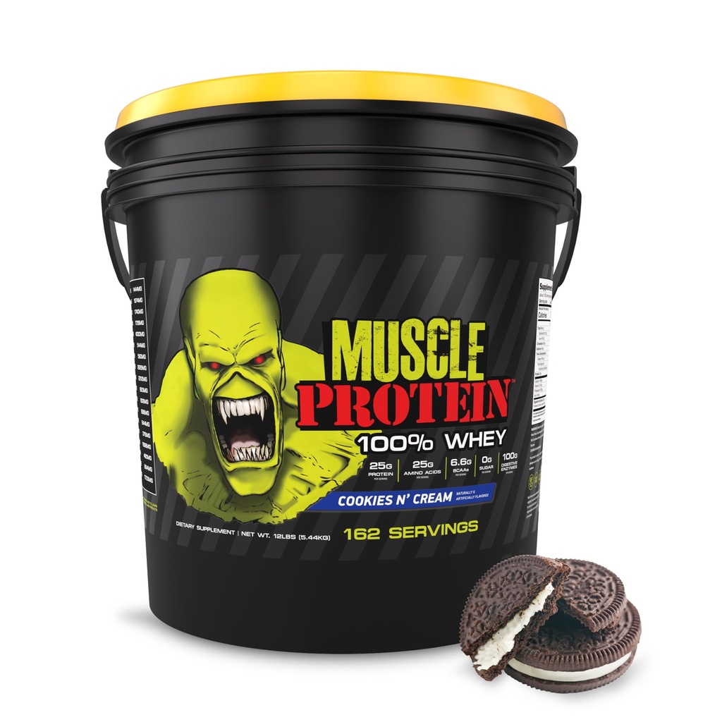LABES COLOSSALES Muscle Whey Protéines Aromatisées Poudre de protéines, 25 000 mg Acides aminés/Serveur, Filtré à froid (Paquetage May Vary) (12 livres (Bucket), Cookies & Crème)