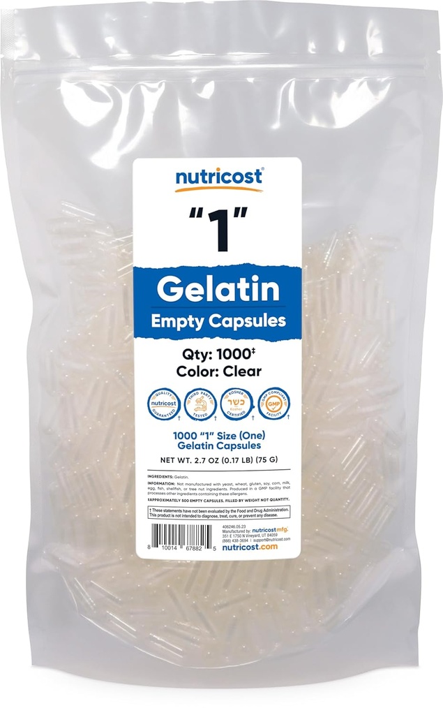 Nutricost Lege capsules Gelatine Maat 1-1000 Helder Lege '1' Gel Capsules - Kosher, Non-GMO, Sojavrij, Glutenvrij