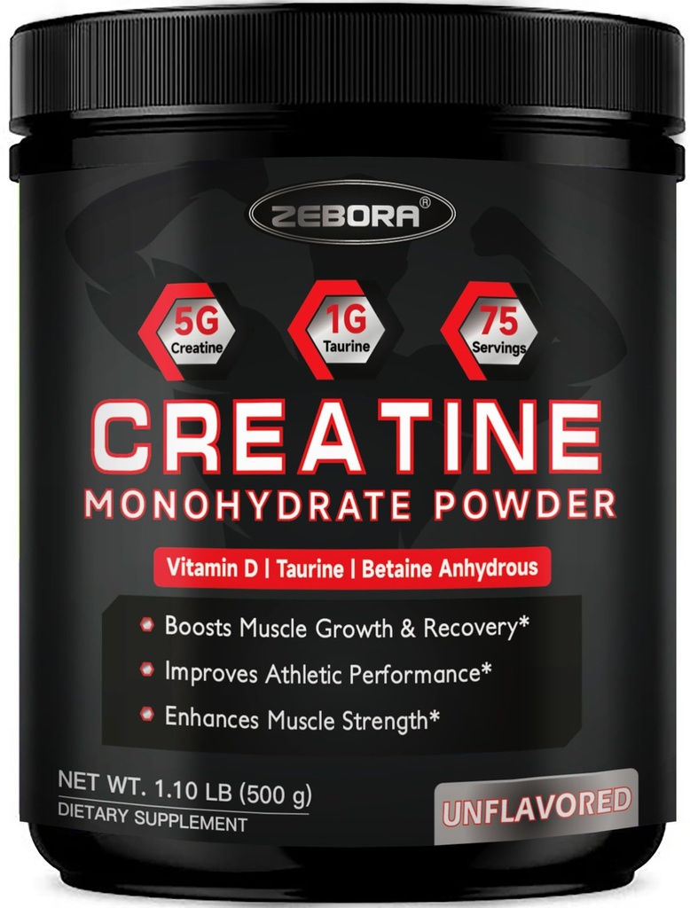 ZEBORA Micronized Creatine Monohydraat Poeder, Creatine Monohydraat voor vrouwen-mannen, helpt spierherstel, verbetert spiergrootte & sterkte met 5G Creatine en 1G Taurine
