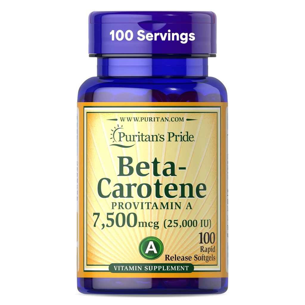Puritan's Pride Beta Caroteen Provitamine A 7.500mcg (25.000 IE), Vitaminesupplement voor Immuunsysteem, Antioxidant en Eye Health Support, 100 Day Supply, 100 Rapid Release Softgels