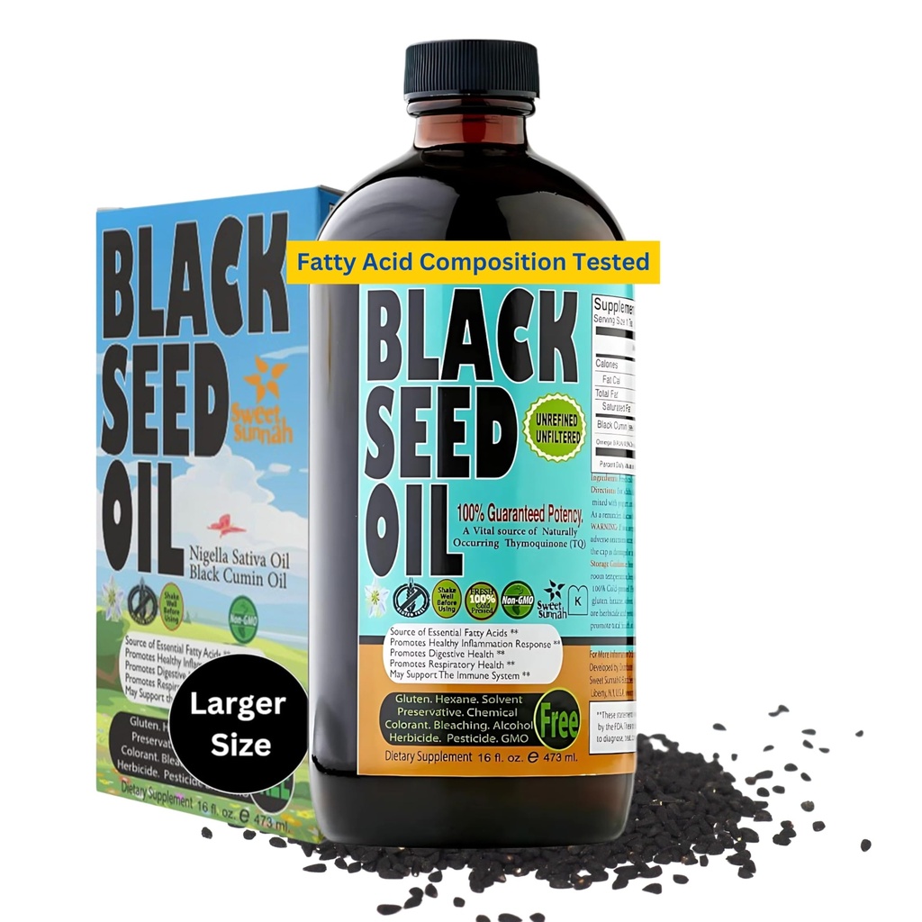 Premium Black Seed Oil Liquid 16 oz - Suikervrij 3 maanden levering Antioxidant Turkse zwarte komijnzaadolie - 3X Thymochinon Eerste Koude Pers Vegan, Halal, Zoete Sunnah