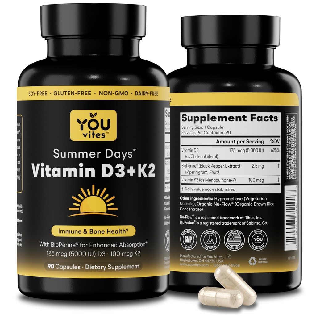 Vitamin D3 + K2 - Max Absorption, 5000 IU D3 & 100 mcg K2 MK-7 (Menaquinone-7) with BioPerine - Bone, Heart & Immune Support - Non-GMO, Gluten Free, Soy Free - 90 Capsules - Daily Supplement