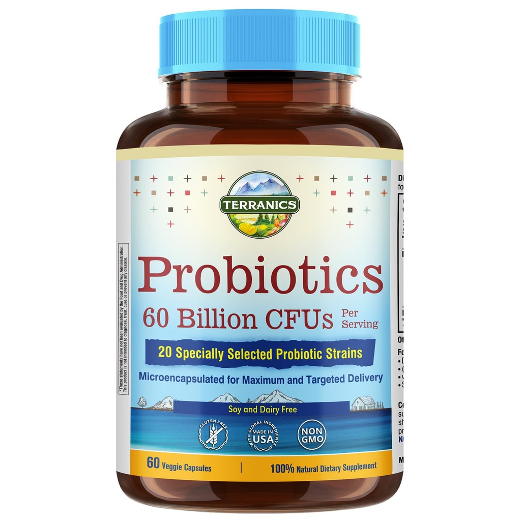 Terranics Probiotica 60 Miljard CFU, 20 Strains, 60 Veg Capsules, Prebiotica & Probiotica, Plank Stable Probiotic Supplement for Men & Women, Digestief & Immune Health, Non-GMO, NO Soy, Dairy & Gluten