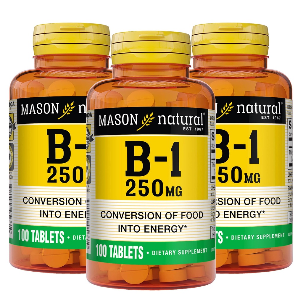 MASON NATUURLIJKE Vitamine B1 Thiamine 250 mg, 300,Dagvoorziening, Dieetsupplement ter ondersteuning van natuurlijke energieniveaus, 100 tabletten (verpakking van 3)