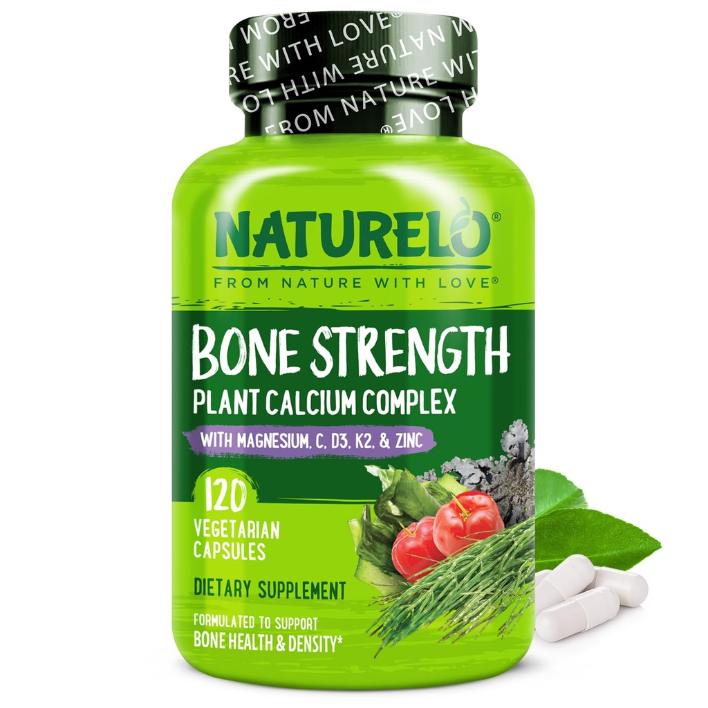 NATURELO Calcium Supplement - with Vitamin C, Vitamin D3, K2, and Calcium Magnesium Zinc for Bone Strength with Calcium 600mg - Plant-Based, 120 Vegetarian Capsules, Non-GMO, Soy & Gluten-Free