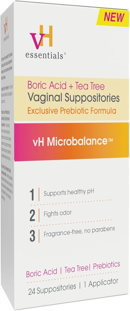 vH essentials Boric Acid and Tea Tree Vaginale Supportories - Prebiotica Formula with Lactic Acid - PH Balance, Odor Control, Vrouwelijke Care - 24 Suppositories and Applicator, White, 2.4 Ounces