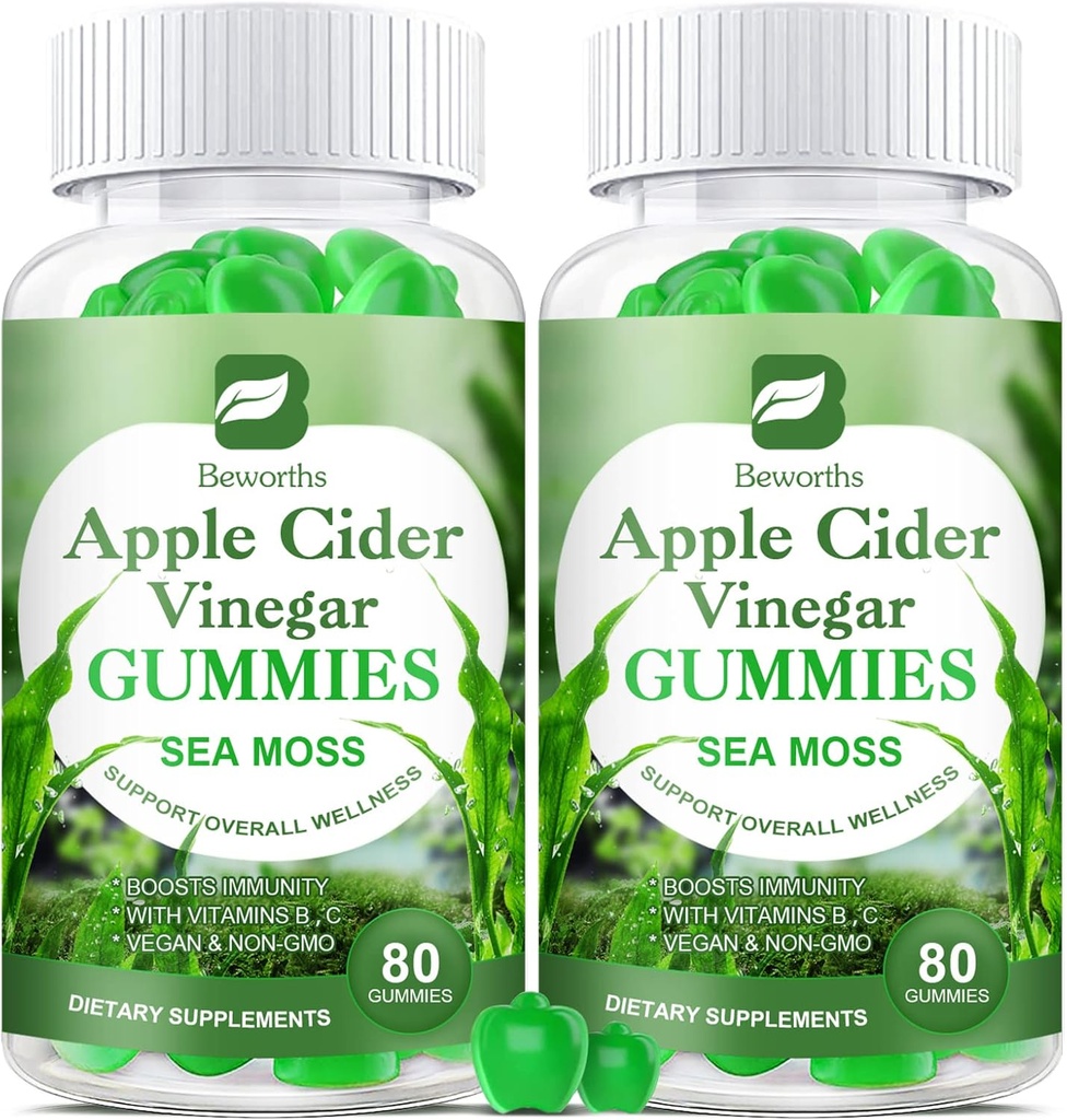 Apple Cider Vinegar & Sea Moss Gummies, Biologische ACV Gummies met Moeder Supplement ondersteunt Immune, Digestieve Gezondheid voor volwassenen en kinderen, Seamoss Gummy met Vitamine B6 B9, B12