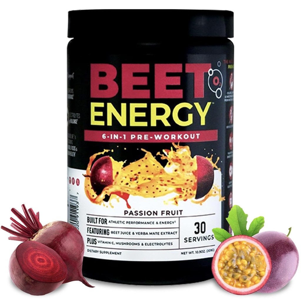 Nutrologie Beet Energy O2, Poudre de pré-entraînement, énergie, Endurance et oxyde nitrique Booster avec poudre de betterave, Yerba Mate, Adaptogènes et électrolytes, Vegan Pre Workout, Passion Fruit Flavor, 30 portions