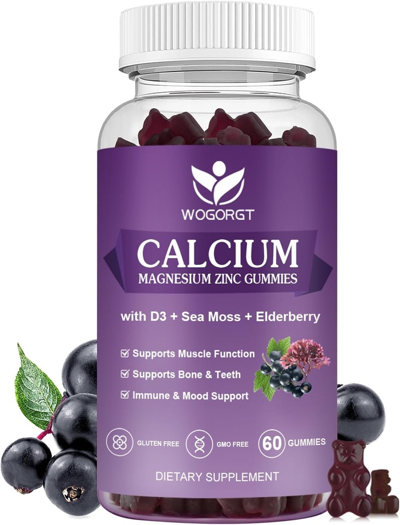 WOGORGT Calcium Magnesium Zink Gummies met Vitamine D3 - Hoge Absorptie Complex Calcium Supplement met Zee Mos, Vlierbes voor Bot, Spieren, Immune, Mood & Slaap Ondersteuning, Vegan - 60 Gummies