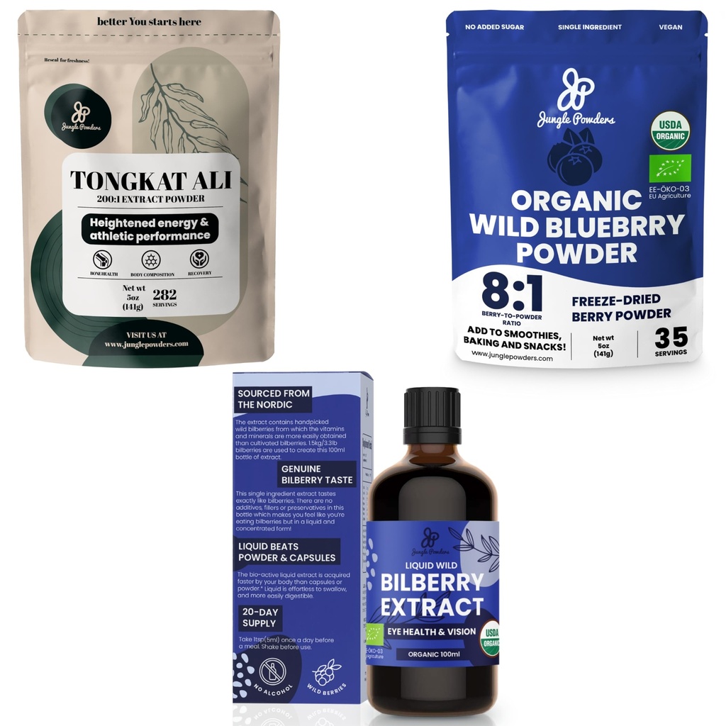 Junglepoeders Ultimate Men's Health & Wellness Bundle: 5oz Tongkat Ali Powder, 5oz Wild Blueberry Powder & 3.4oz Organic Bilberry Liquid Extract - Premium Supplements for Drive, Passion, Eyesight