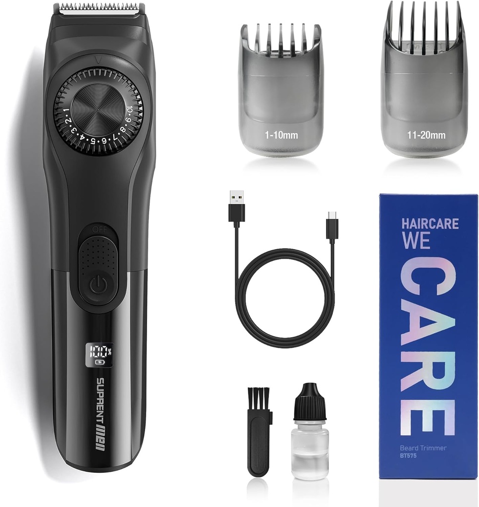 SUPRENT verstelbare baard trimmer voor mannen, snoerloze elektrische baard trimmer met precisie wijzerplaat, USB oplaadbare 19 lengte instellingen snor trimmer voor heren geschenken (zwart)