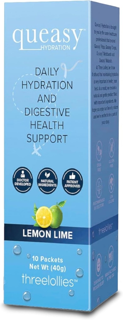 Drie Lollies Queasy Hydration MD Packets - Natuurlijke Digestive Support Tijdens de behandeling, Rehydrateert, Eases Misselijkheid & Replaces Nutriënten - 10 Packets