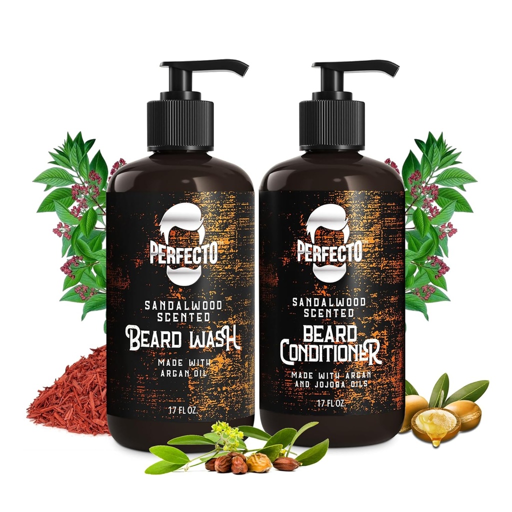 Perfecto Baardwas & baard Conditioner set met Argan en Jojoba olie - Versterkt en zacht - natuurlijke sandelhout geur
