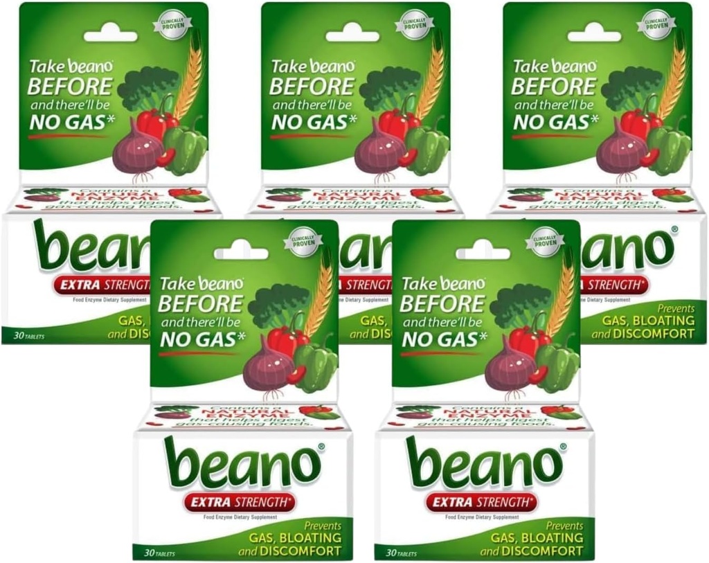 Beano Extra Strength, Gas Prevention & Digestief Enzyme Supplement, 30 Tellen (pakket van 5)