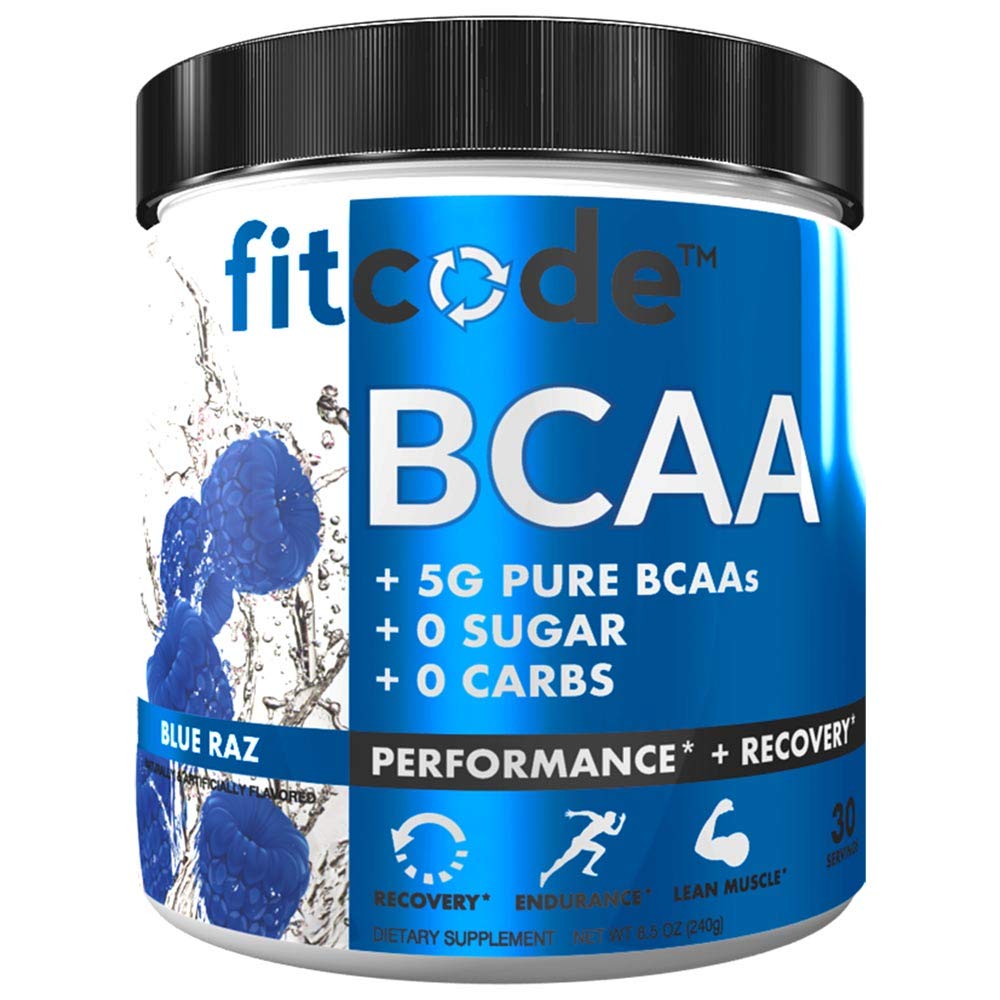 Fitcode Ultra Premium BCAAs avec 5G de BCAAs purs avec un rapport de 2:1:1 d'acides aminés pour aider à la récupération après l'entraînement, la croissance musculaire maigre, l'endurance, 30 portions (Raz bleu)