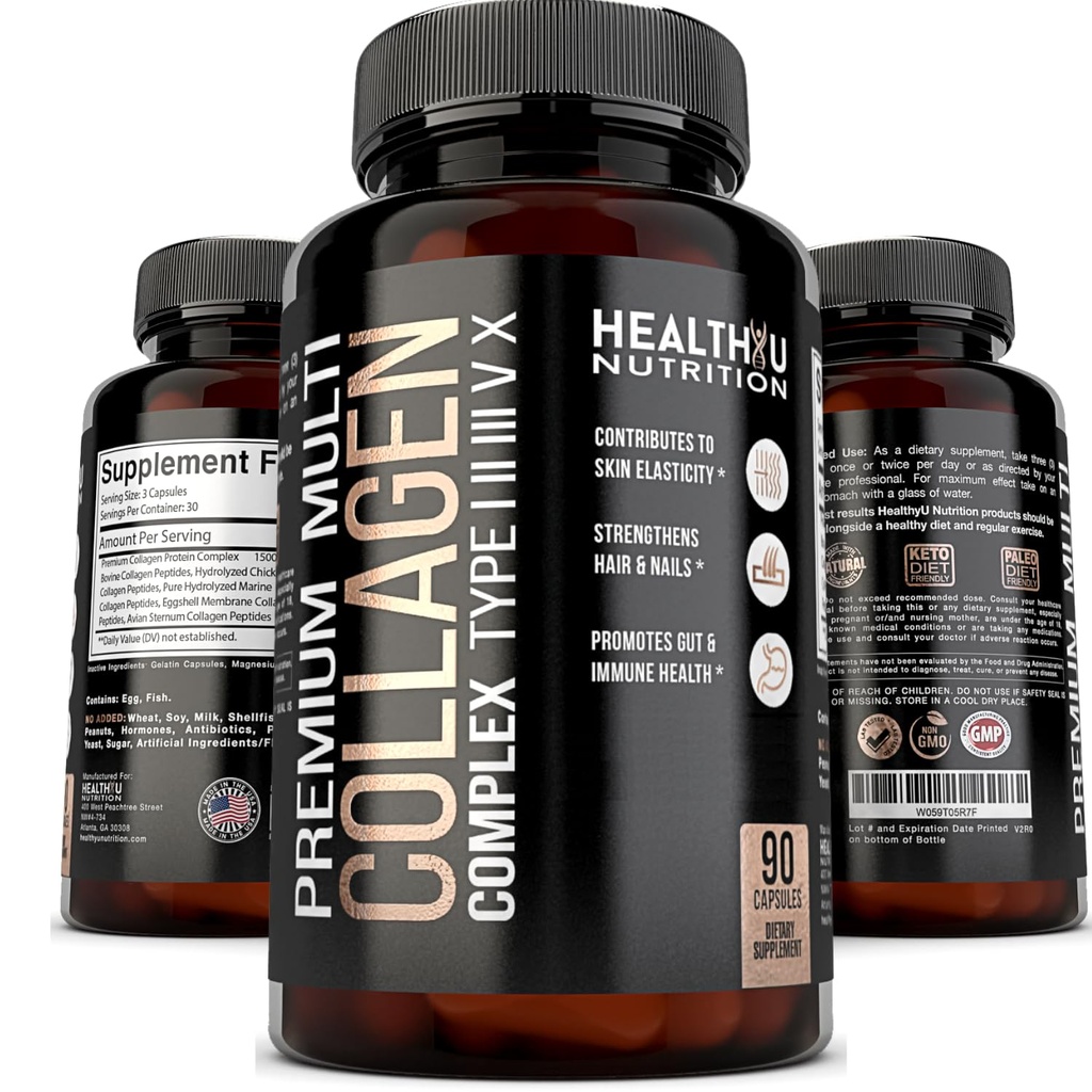 Pilules de collagène Multi Premium - Capsules de collagène hydrolysées pour hommes et femmes Types 1 2 3 5 10 - Suppléments de collagène pour hommes - Colageno Hidrolizado Pastillas para Humbre Mujer 90 capsules