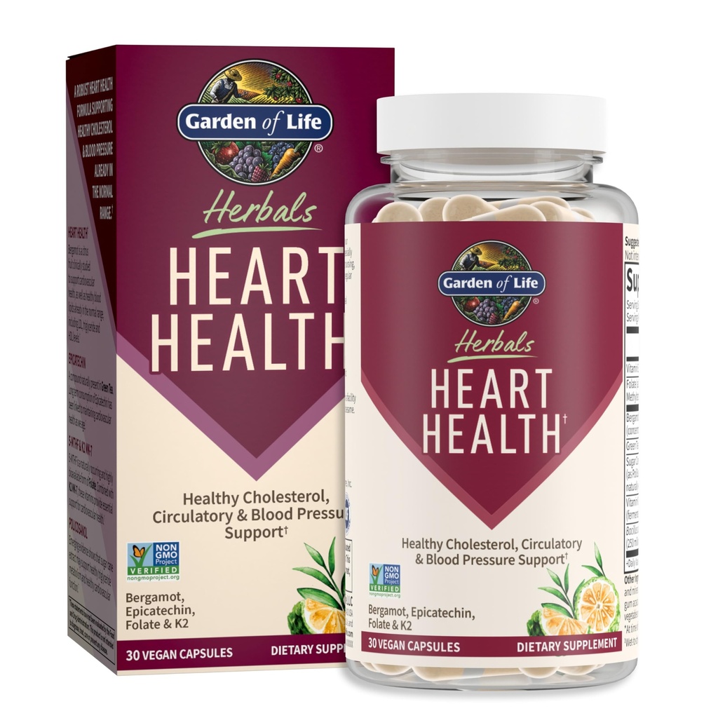 Tuin van het leven Kruiden Hart Gezondheid Supplement met Folate, Bergamot, Green Tea & Vitamin E & K voor Cholesterol, Circulatory & Blood Pressure Support, Non-GMO, Gluten-Free, Citrus smaak, 30 porties