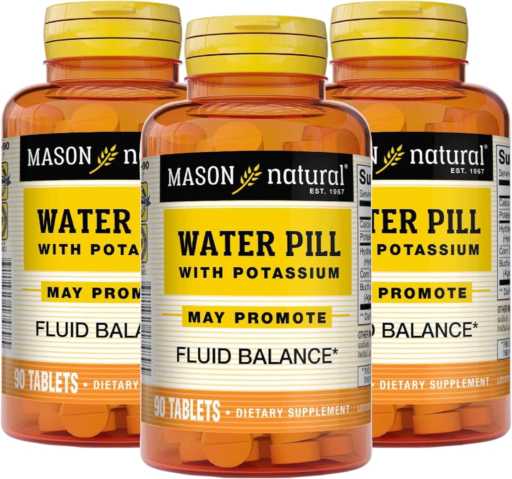 Mason Natural Water Pill met Kalium en Calcium - Ondersteunt Fluid Balance, helpt opblazen en zwelling, Natuurlijke Diuretische Supplement, 90 tabletten (verpakking van 3)
