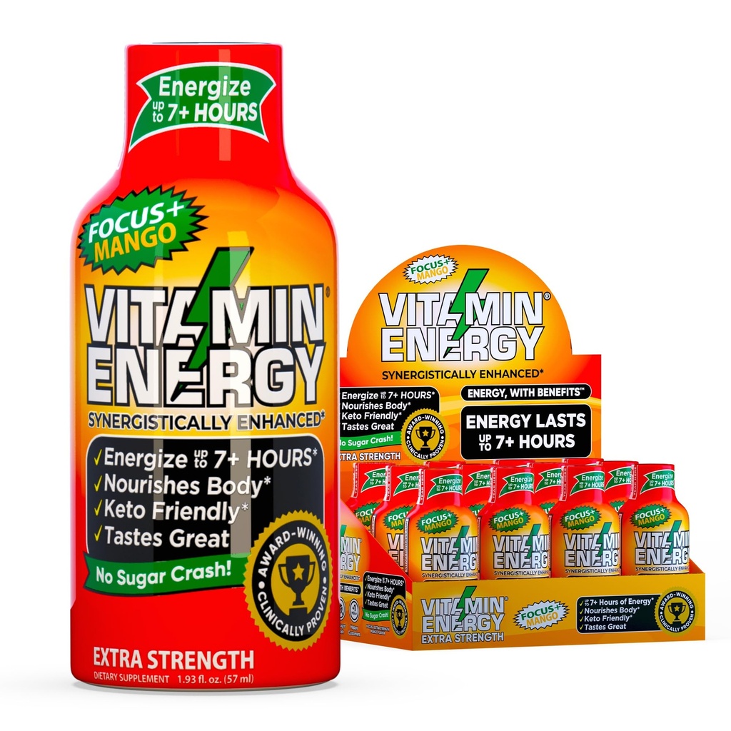 Vitamine Energy Focus+ Extra Strength Energy Shot Mango 12 Pack, 260mg Caféine naturelle, B-Vitamines, CoQ10, Acides aminés, Focus, Productivité et Clarté, Zéro sucre, Sans gluten, 1,93 fl oz
