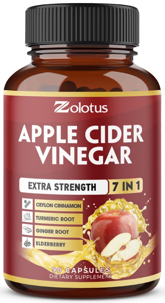 Zolotus 7 in 1 Apple Cider Vinegar Capsules, 3 maanden levering met Ceylon Cinnamon, Gemberwortel, Kurkuma, Vlierbes voor ondersteuning van spijsvertering, Immune, 90 capsules