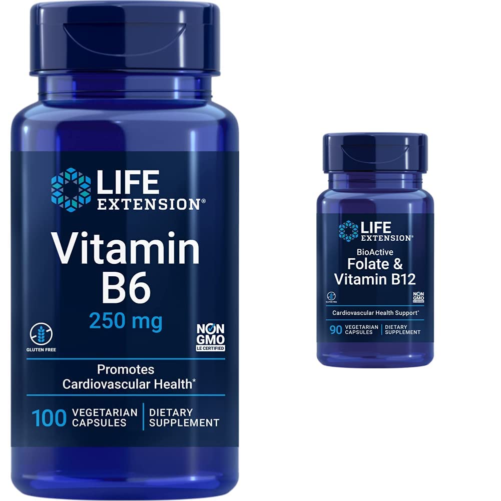 Levensverlenging Vitamine B6 250 mg, 100 Vegetarische Capsules & Folaat & Vitamine B12, Vegetarische Capsules, Wit, 90 Tel.