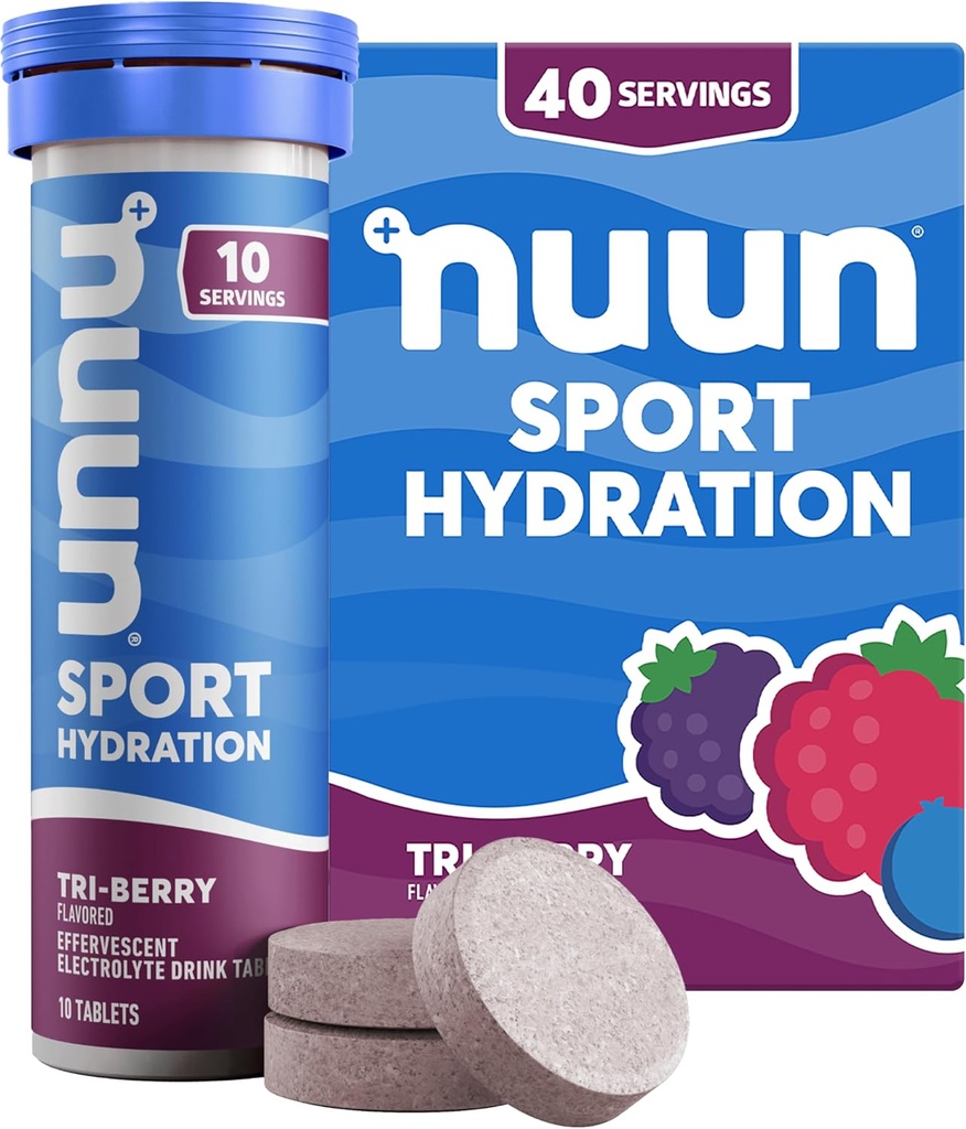 Nuun Sport Electrolyte tabletten met Magnesium, Calcium, Kalium, Chloride en Natrium, Glutenvrij & Vegan, Tri-Berry, 4 verpakkingen (40 porties totaal)