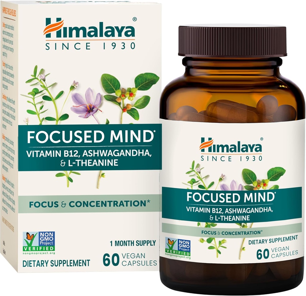 Himalaya Focused Mind with Ashwagandha, Bacopa & L-Theanine for Focus, Energy and Attention, 60 Capsules, 1 maand supply, Vegan, Glutenvrij