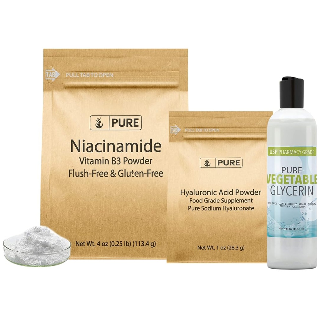 Pure Original Ingrediënten Hyaluronzuur, Niacinamide en Glycerine Bundle, Diverse maten, Odorless, Kleurloze