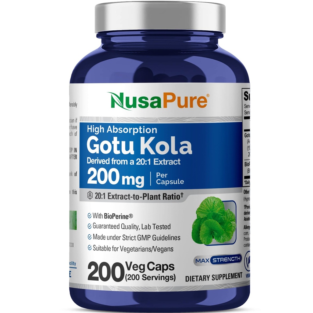 NusaPure Gotu Kola Capsules 20:1 Extract, 200 mg Equivalent aan 4000mg Per Veggie Caps, 200 Telling, Non-GMO, Vegan, Bioperine - Traditioneel Herb Extract
