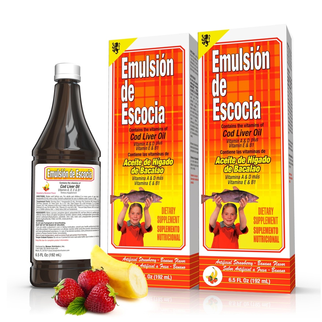 Emulsión de Escocia Cod Supplément liquide d'huile de foie aux vitamines A, D, E & B1 - Huile naturelle de poisson Oméga 3 pour les enfants et les adultes - Delicious Strawberry Banana Flavor - 6,5 oz (2-Pack)