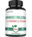 1000mg Ginkgo Biloba Suppléments avec L-Tyrosine, L-Theanine - 120 capsules pour 2 mois d'approvisionnement - Soutien Focus, Fonction Mermorale, Santé du cerveau et qualité de la vision