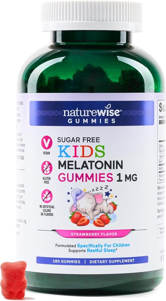 NatureWise Kids Melatonine 1 mg Sugar-Free Gummies for Children Ages 4 & Up - Non-Habit Forming Sleep Aid - Strawberry Flavored - Vegan, No Gluten, Non-GMO - 180 Count[6-Maande Levering]