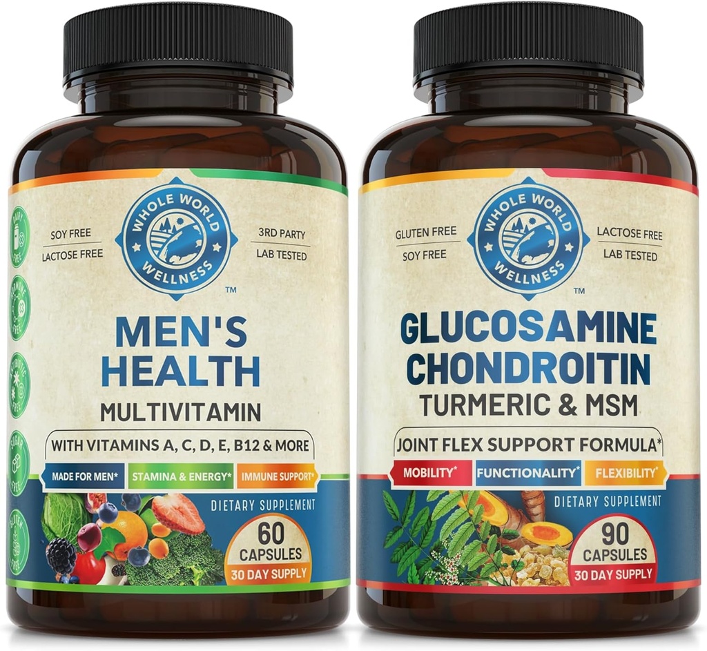 Heren Dagelijkse Multivitaminen & Geavanceerde Gezamenlijke Ondersteuning Bundle (Eén Fles Elke). Ondersteunt samen Holistische Wellness, Boosted Energy en Joint Health. USA Made.