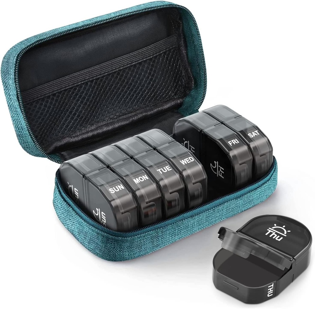 AOVON Canvas Bag Travel Pill Organizer 2 keer per dag, Large AM/PM Weekly Pill Box 7 Day Pill Case met draagbare Cyan ritsdoek zak voor Holding supplementen, vitamines en visolie