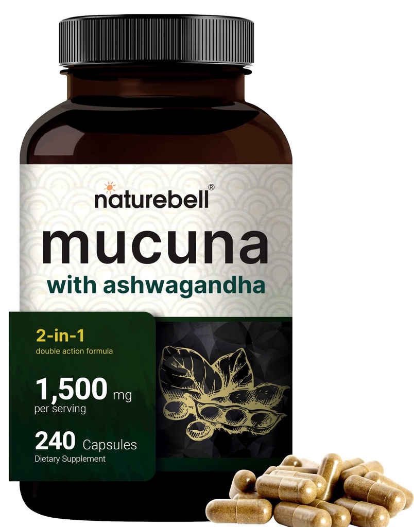 Mucuna Pruriens Capsules, Triple Strength 1500mg Per Serving, 2 in 1 Formula, Gemaakt met Mucuna en Ashwagandha, 240 Capsules, Potent Seed Extract, Positieve Mood, Ontspanning en Herstel Ondersteuning
