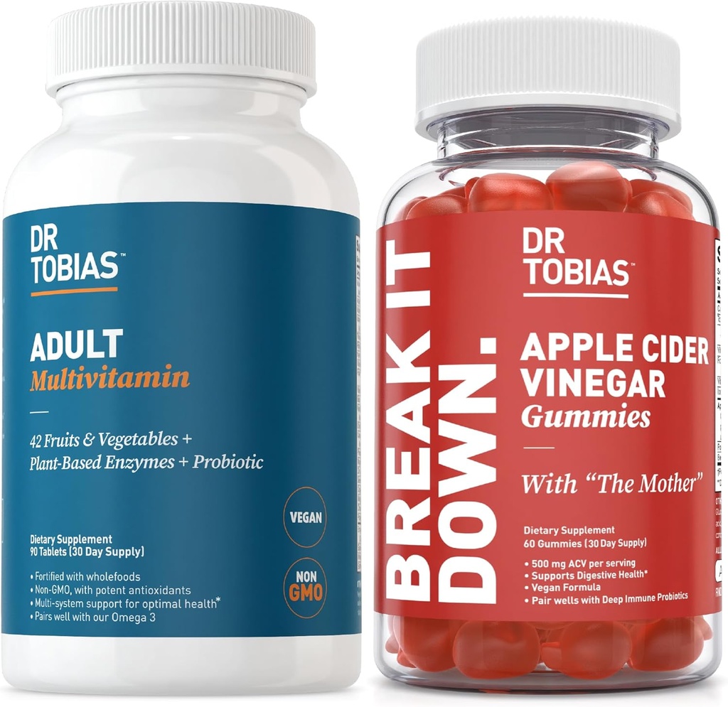 Dr. Tobias Adult Multivamin & Apple Cider Vinegar Gummies, ondersteunt energie, immunity & Gut Health, met 42 Fruit & Fruits Plus Probiotica, Cludes The Mother, Folate, B12