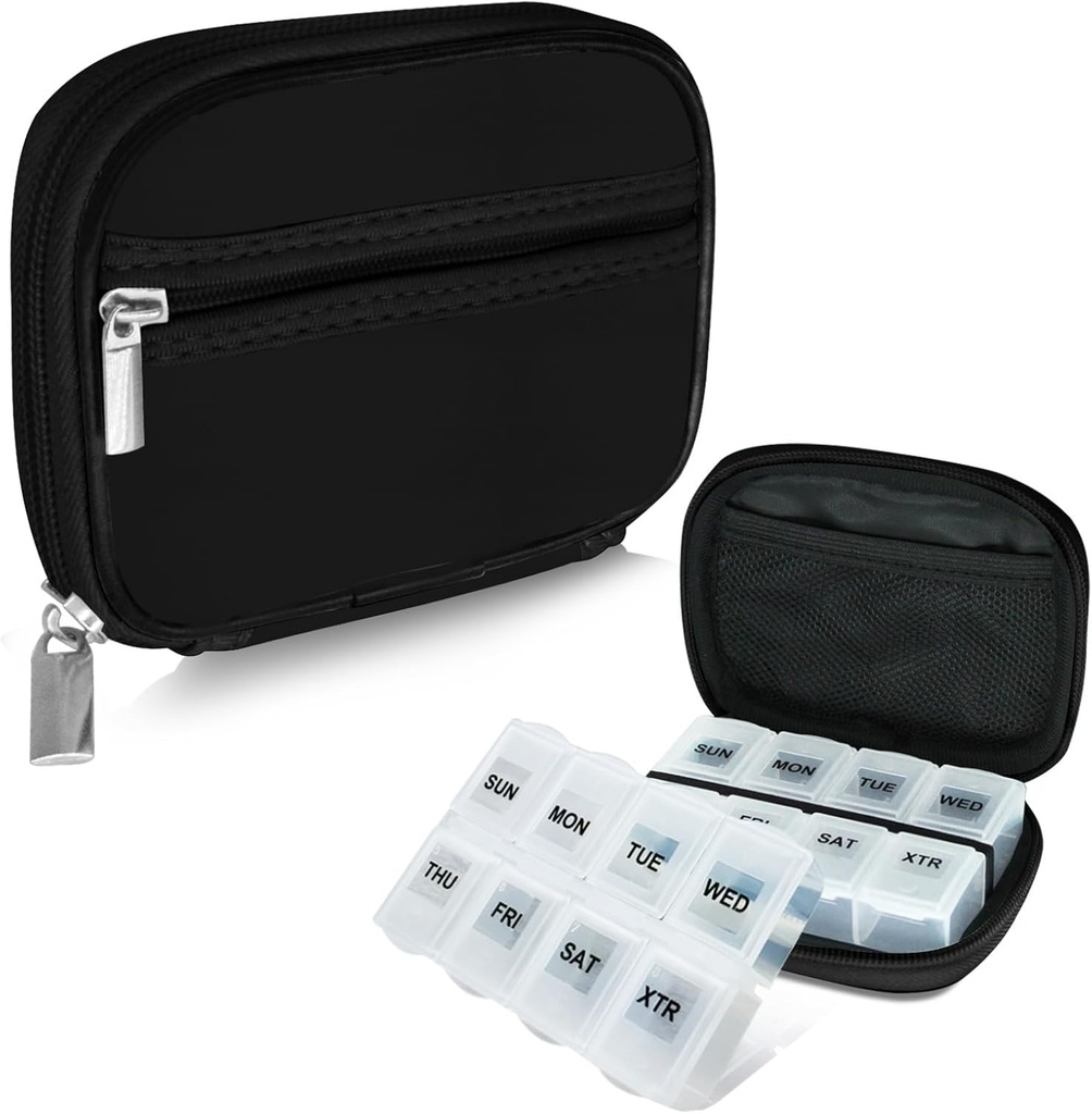 Serfeymi Weekly Pill Organizer Pill Case for Purse with Amovible 7 Day Pill Box, Fashionable Travel Medicine Organizer Pill Container for Medicine, Vitamine, Supplément - Noir 01 + Pill Box