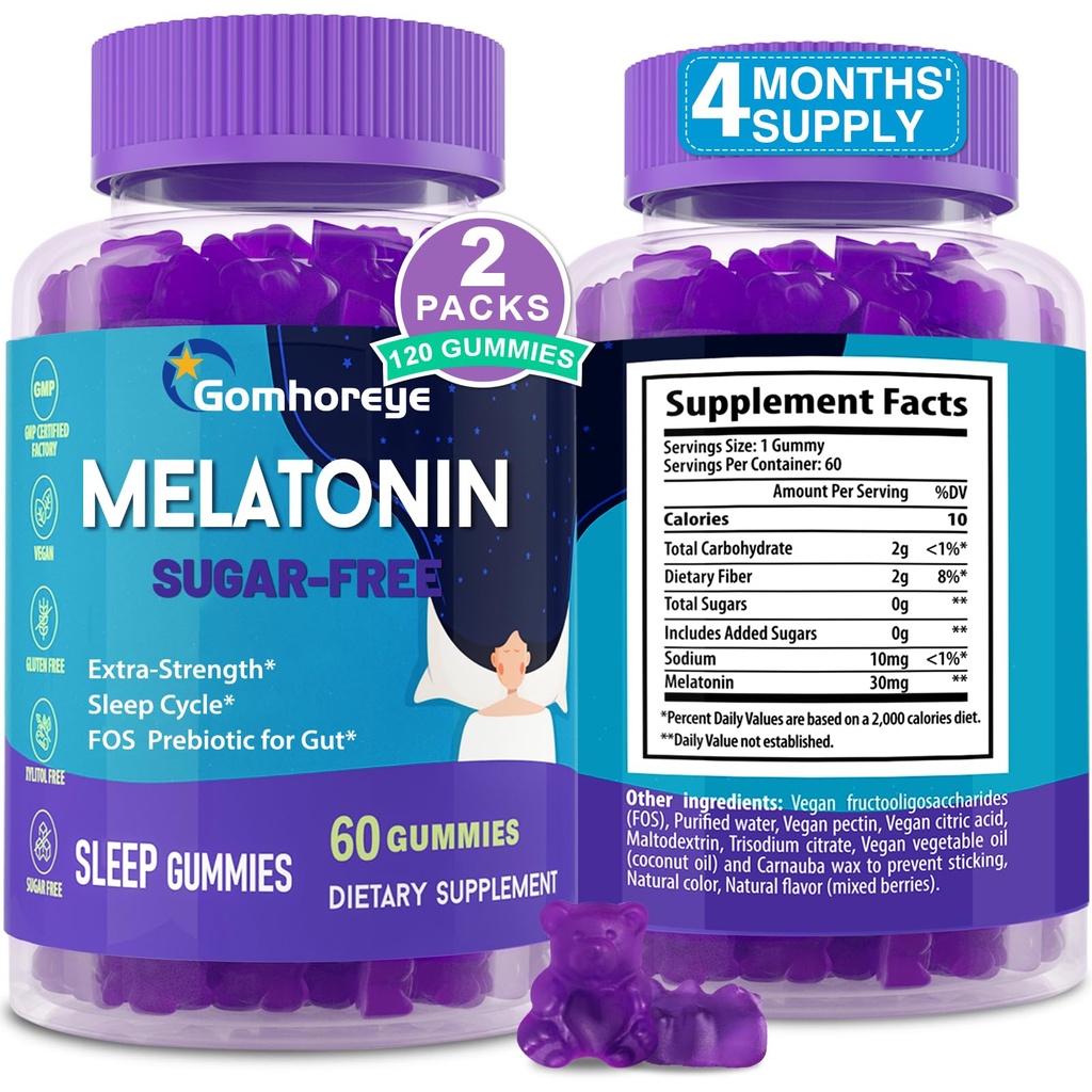 Melatonine Gummies 30mg voor volwassenen - Maximale sterkte Melatonine Gummies voor ontspannen en kalmeren, Exogene Melatonine Supplement met FOS voor Immune, Gut Health en pH Balance, Suikervrij -120 Tellingen