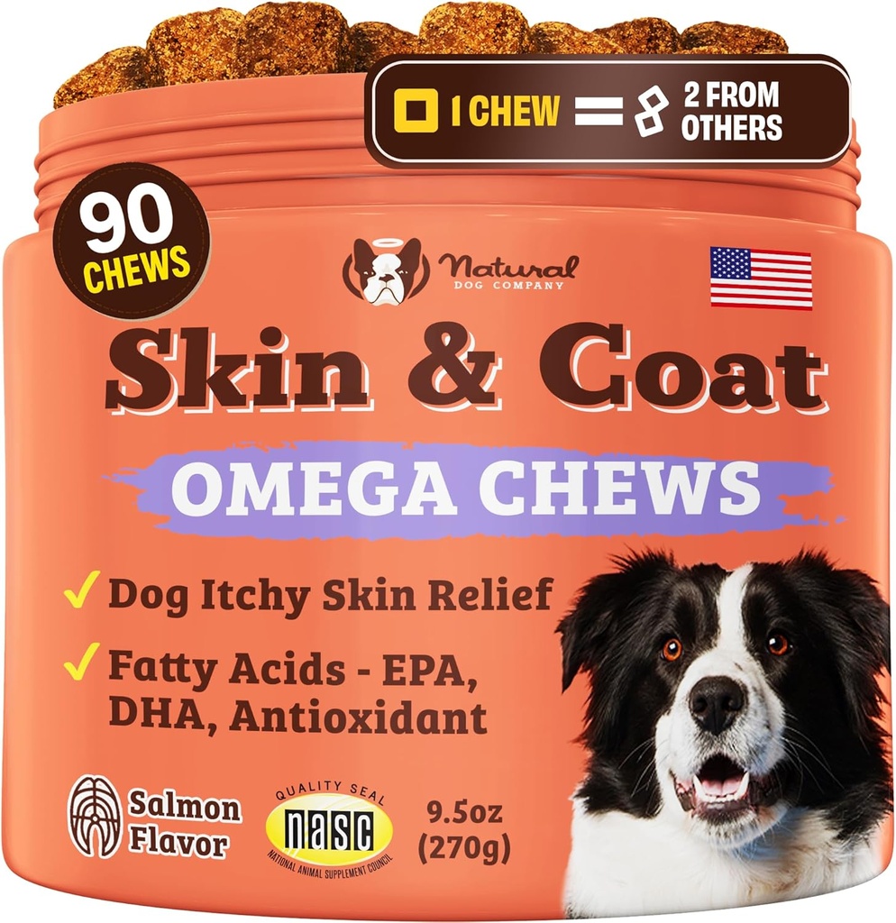 Natural Dog Company Skin & Coat Supplément pour chiens – Omega 3 Salmon Oil, Biotin & Vitamine E Support Manteau brillant, peau saine et éparpillement normal, favorise le confort de la démangeaison occasionnelle, 90 comte