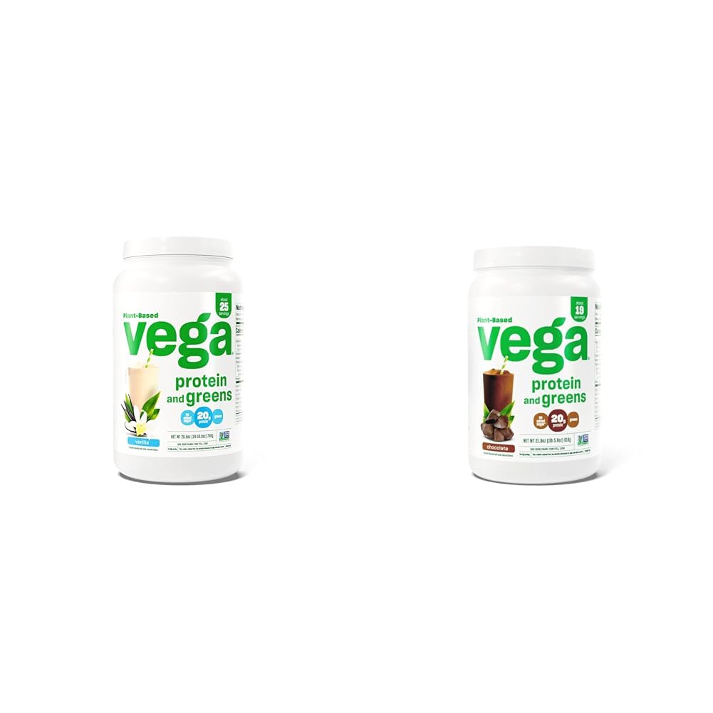 Vega Protein and Greens Protein Powder, Vanille - 20g Plant Based Protein Plus Veggies, Vegan & Protein and Greens Protein Powder Chocolate (19 Servings) - 20g Plant Based Protein Plus