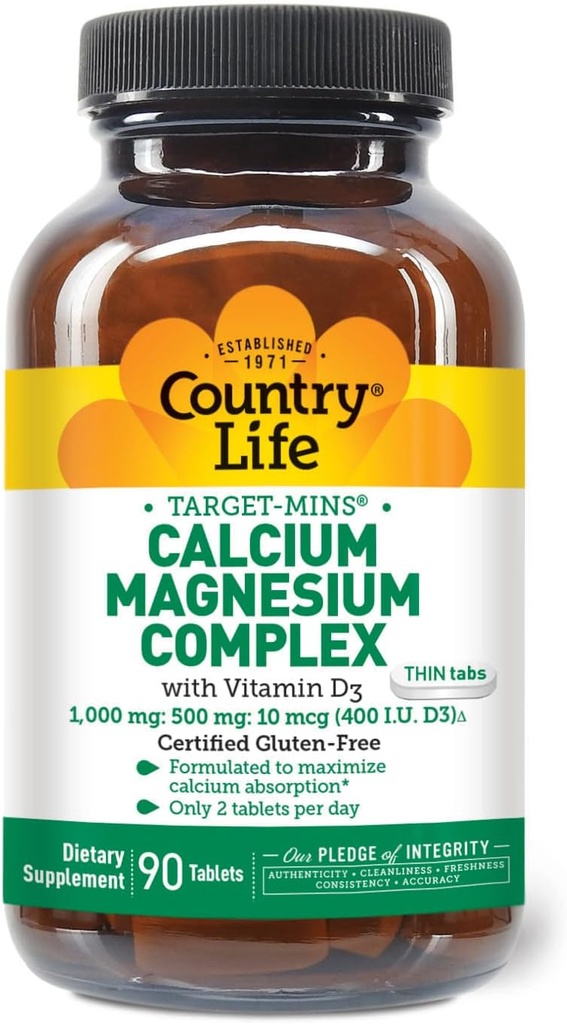 Land Life Target-Mins Calcium Magnesium met vitamine D-complex, 1000mg/500mg/10mcg, 90 tabletten, Gecertificeerd Glutenvrij, Gecertificeerd Vegetarisch