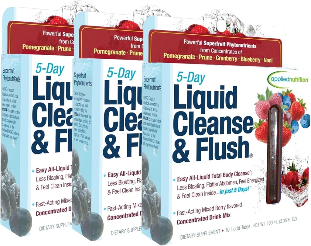 Applied Nutrition 5-Day Liquid Cleanse & Flush - 10 Liquid Tubes, Pack of 3 - Clears Out Excess Matter & Promotes Healthy Intestinal Function - 30 Servings