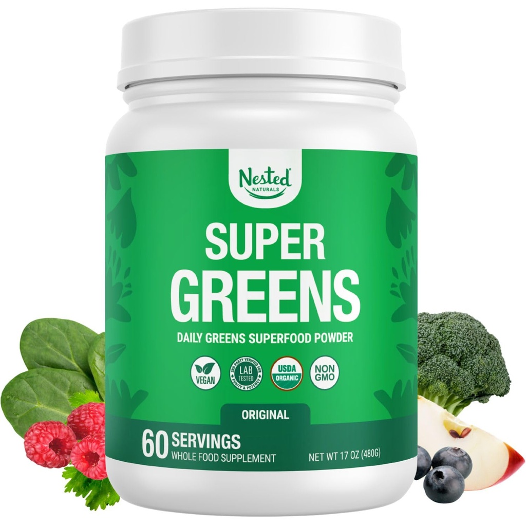 Nested Naturals Super Greens Daily Superfood Powder - Gecertificeerd USDA Organic Green Powder w/20+ Whole Foods, Spirulina Powder, Tarwe & Barley Grass - Probiotica, Vezel & Enzymes - Original Flavor, 60