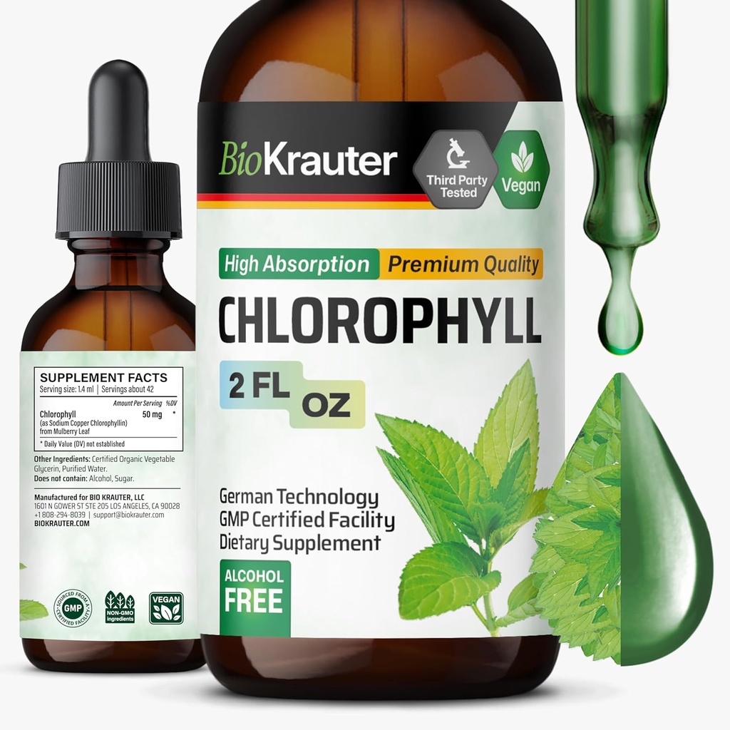 BIO KRAUTER Liquid Chlorophyll Drops - Cleanse & Immune Support - Internal Deodorant - Sodium Copper Chlorophyllin Extract Supplement - 2 fl oz