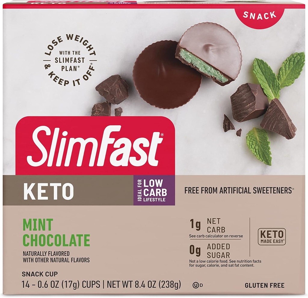 SlimFast Keto Fat Bomb Snack Cup, Mint Chocolate, Keto Snacks for Weight Loss, Low Carb with 0g Added Sugar, 14 Count Box (Packaging May Vary)